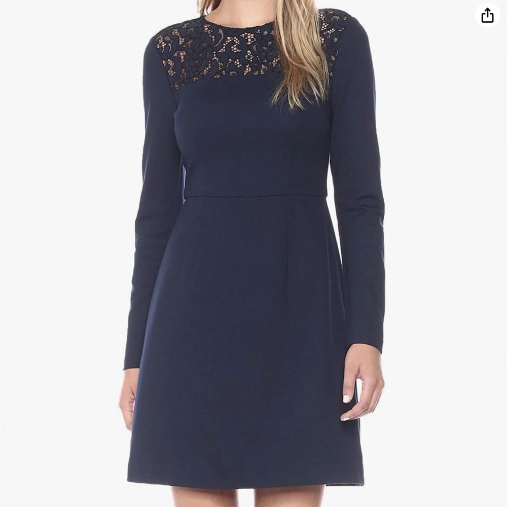 NWT Trina Turk Navy Blue Ponte Lace Trim Long Sleeve Dress 2
